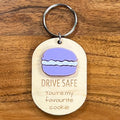 Drive Safe You're My Favourite Cookie maple wood keychain with purple acrylic macaron detail