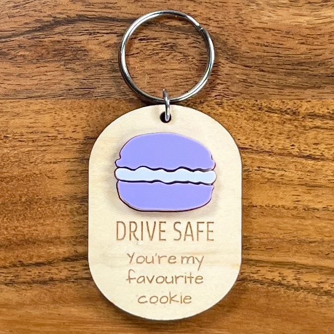 Drive Safe You're My Favourite Cookie maple wood keychain with purple acrylic macaron detail