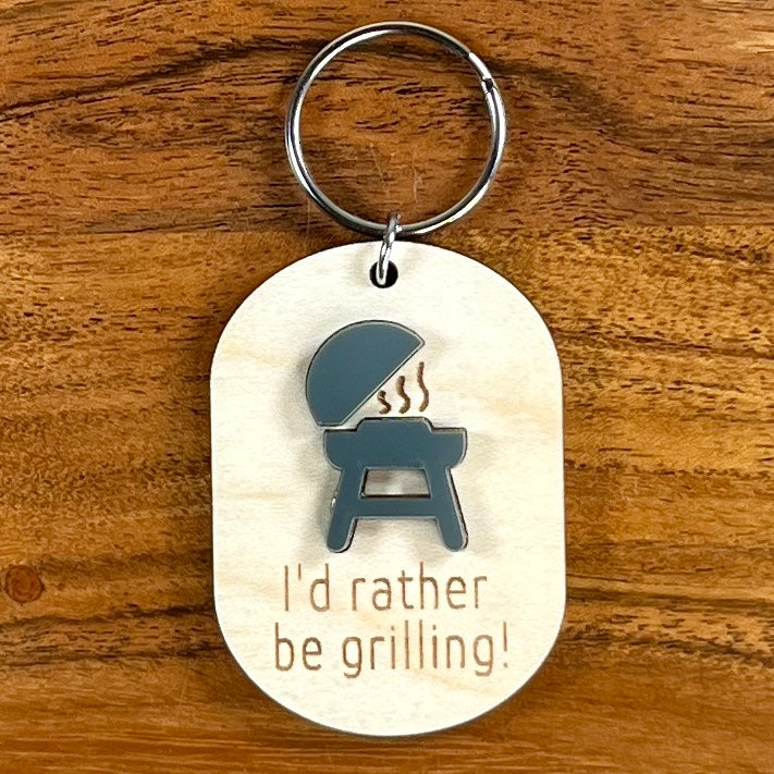 Wood & Acrylic BBQ Grill Keychain - I'd Rather Be Grilling