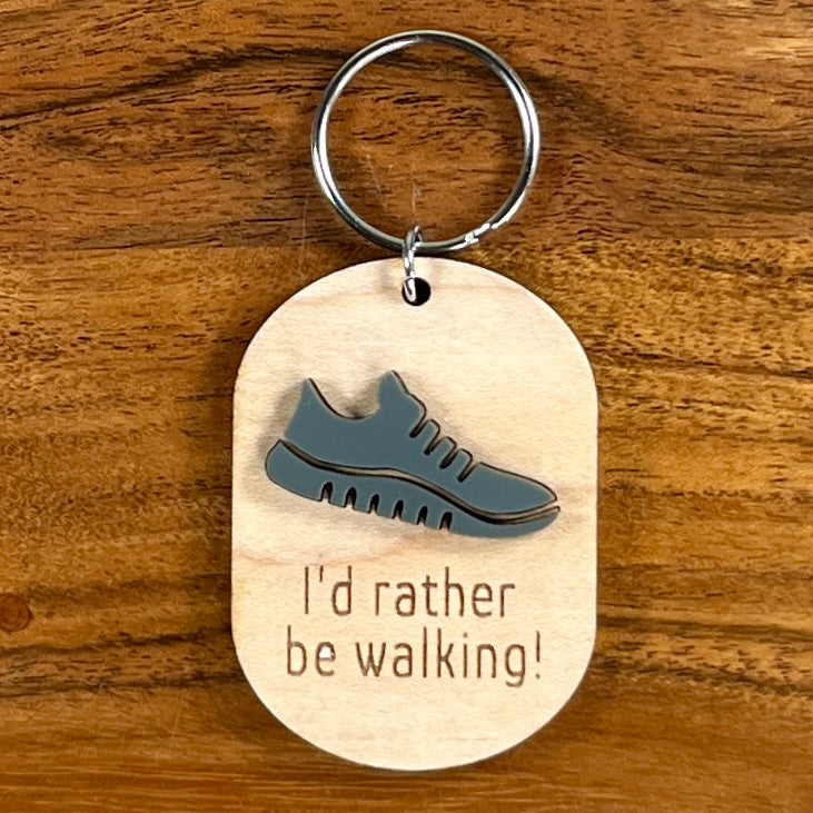 Wood & Acrylic Walking Shoe Keychain - I'd Rather Be Walking
