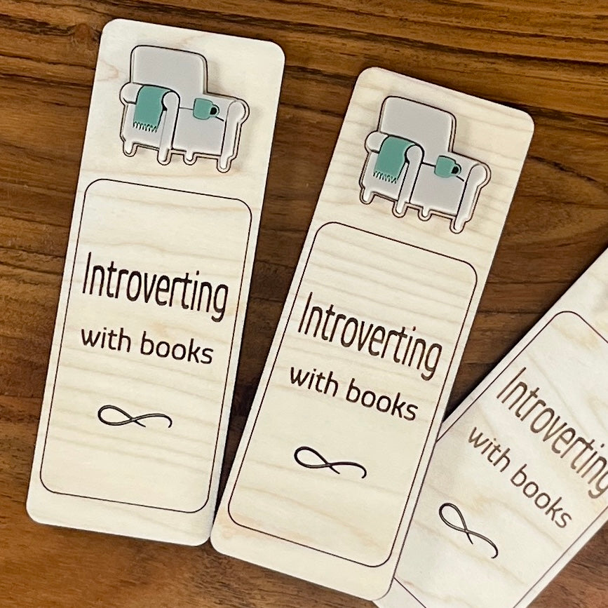 Introverting with Books birch wood bookmark with sage acrylic cozy chair and mug