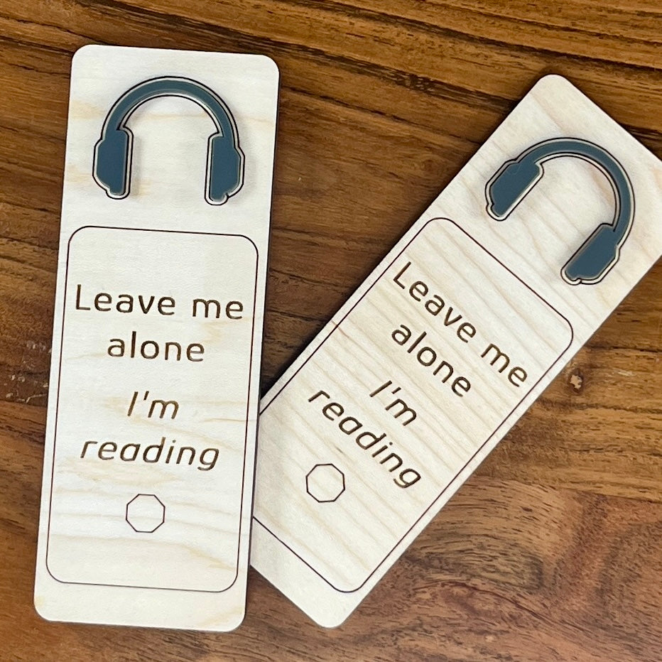 Leave Me Alone I'm Reading birch wood bookmark with charcoal grey acrylic headphones