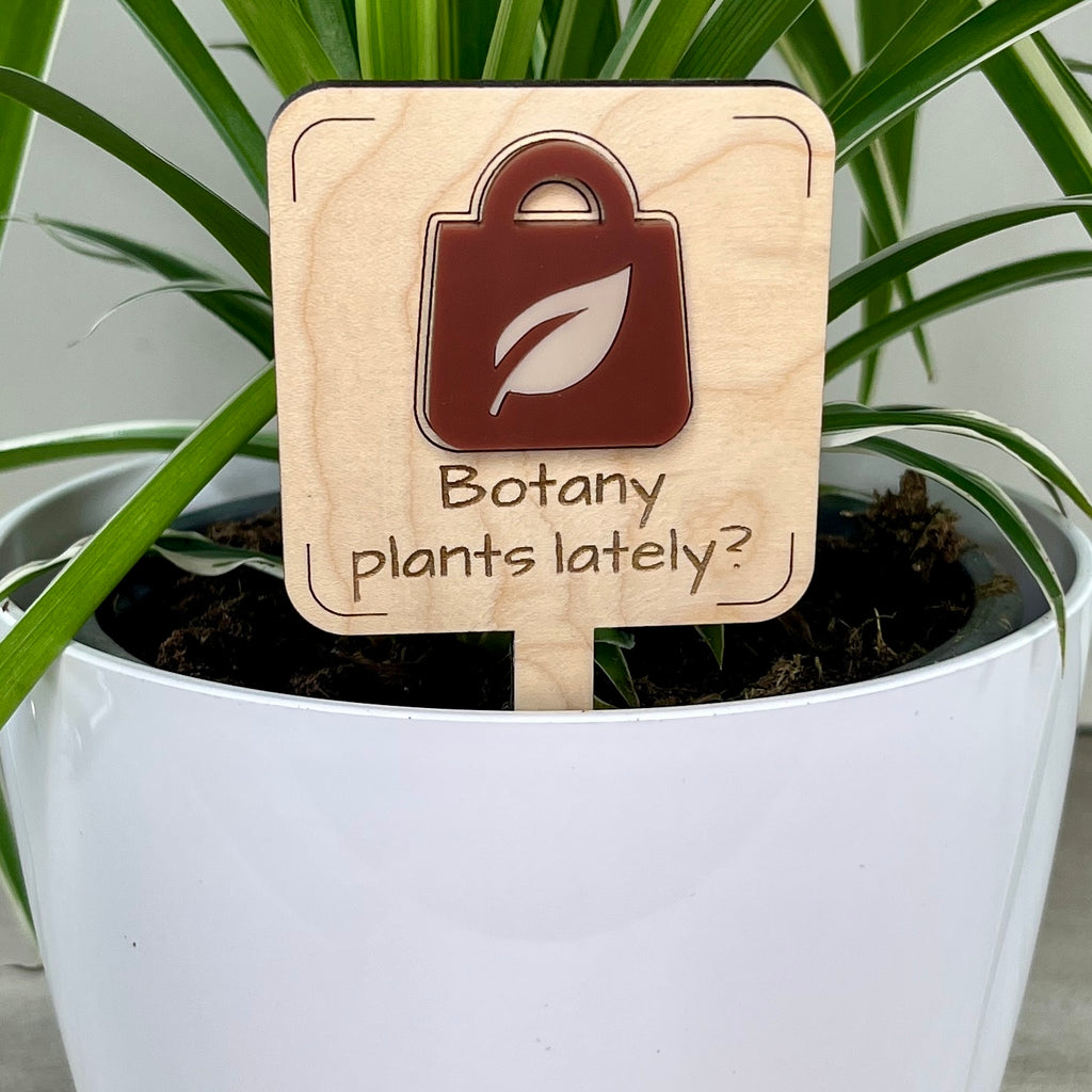 Botany Plants Lately maple wood plant stake with rusty red acrylic shopping bag and cool sand leaf in white pot
