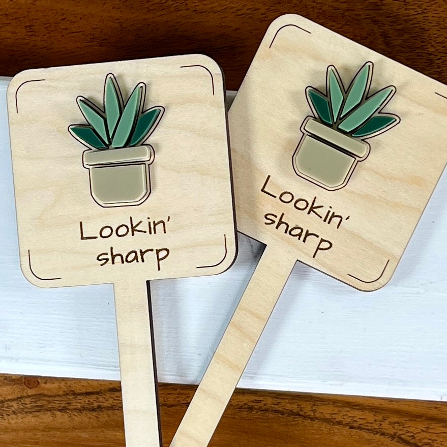 Two Lookin' Sharp maple wood plant stakes with green and taupe acrylic snake plant side by side