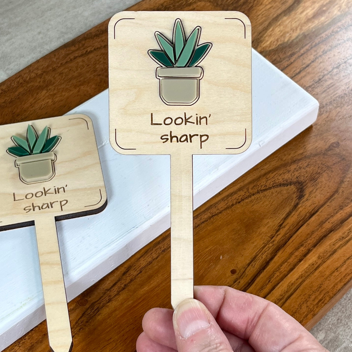 Hand holding two Lookin' Sharp laser-cut maple wood plant stakes with green acrylic snake plant