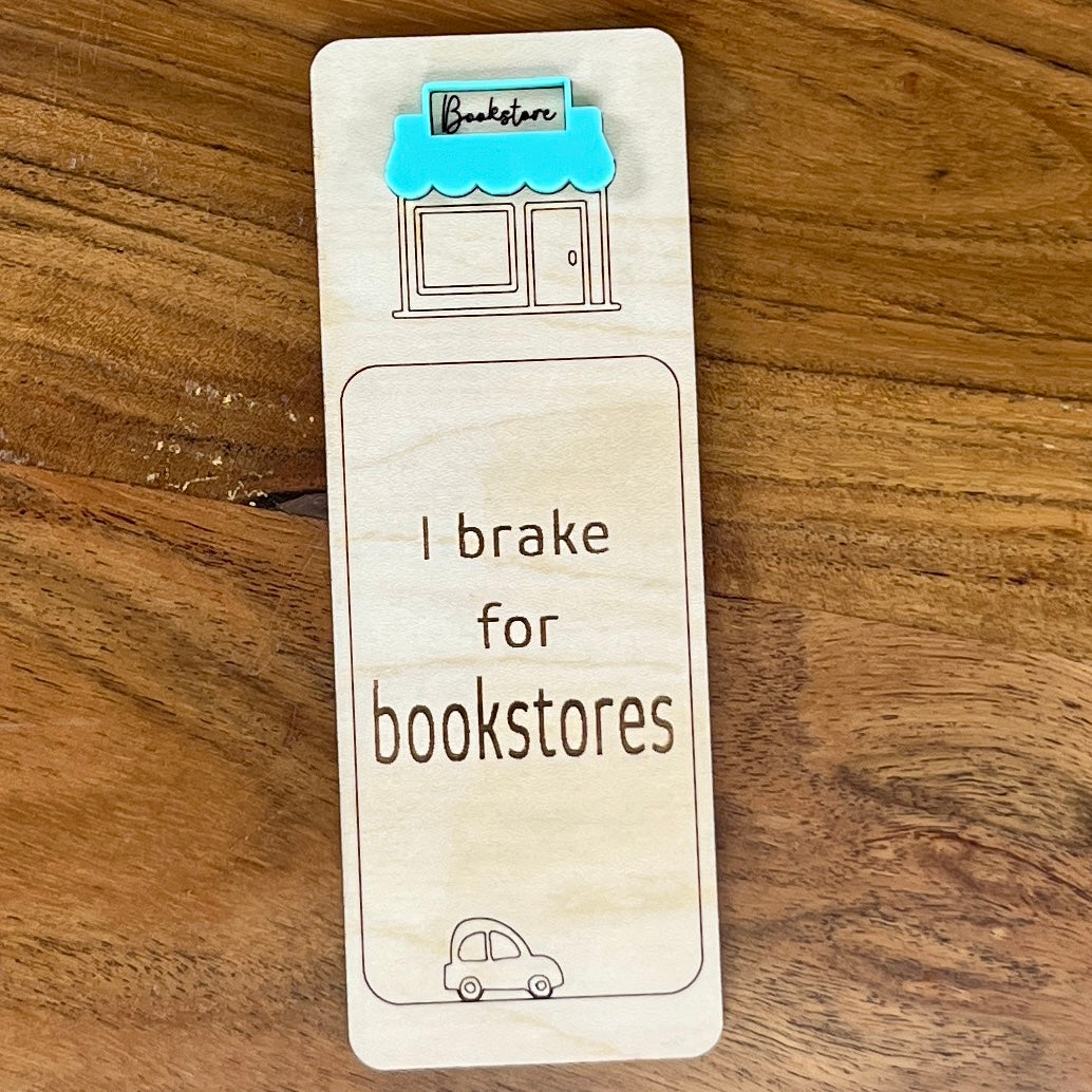  Brake for Bookstores birch wood bookmark with mint acrylic bookstore awning