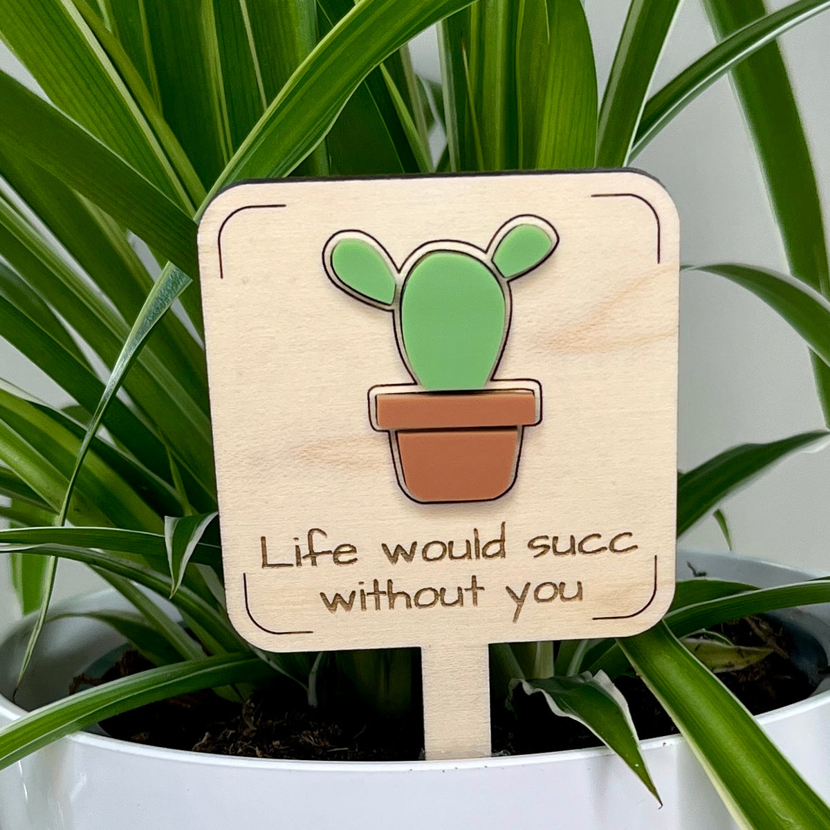 Life Would Succ Without You maple wood plant stake with green acrylic succulent in a white pot