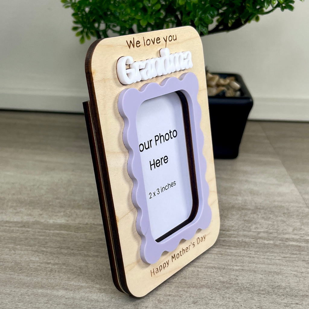 Side view of personalized wavy frame magnet showing layered maple and acrylic construction