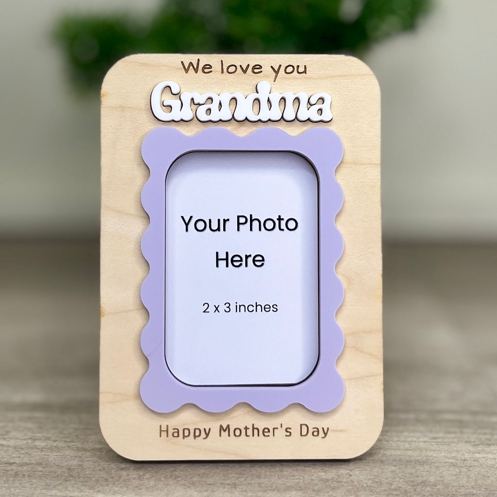 Personalized wood and acrylic wavy picture frame magnet styled view with photo insert and custom name