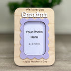 Personalized wood and acrylic wavy picture frame magnet styled view with photo insert and custom name
