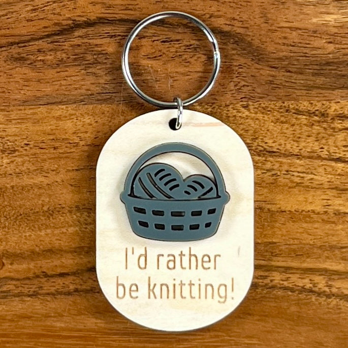 Wood & Acrylic Yarn Basket Keychain - I'd Rather Be Knitting